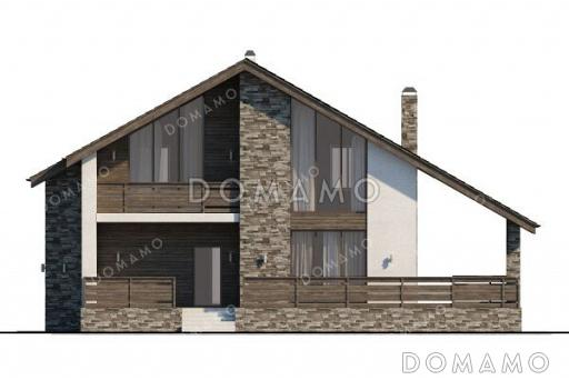 Проект дома с 3 спальнями, кабинетом, длинной угловой террасой и окнами в пол / Фасад 1