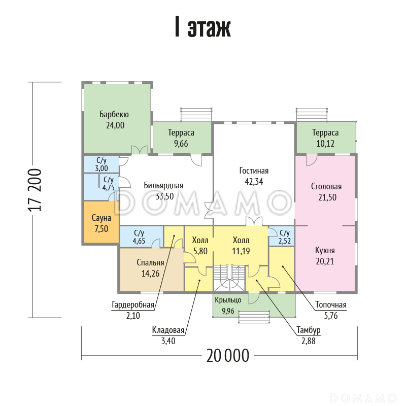 Проект великолепного дома с барбекю на открытой террасе / План 1 этажа