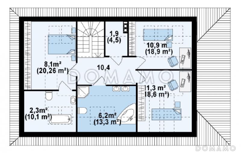 Проект большого одноэтажного дома с мансардным этажом из газобетона с пятью спальнями, с современными фасадами / План мансардного этажа