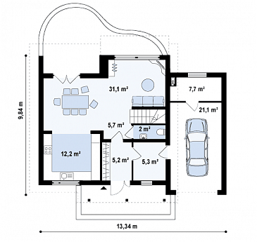 Проект одноэтажного мансардного дома из газобетона с пристроенным гаражом и террасой над ним / План 1 этажа