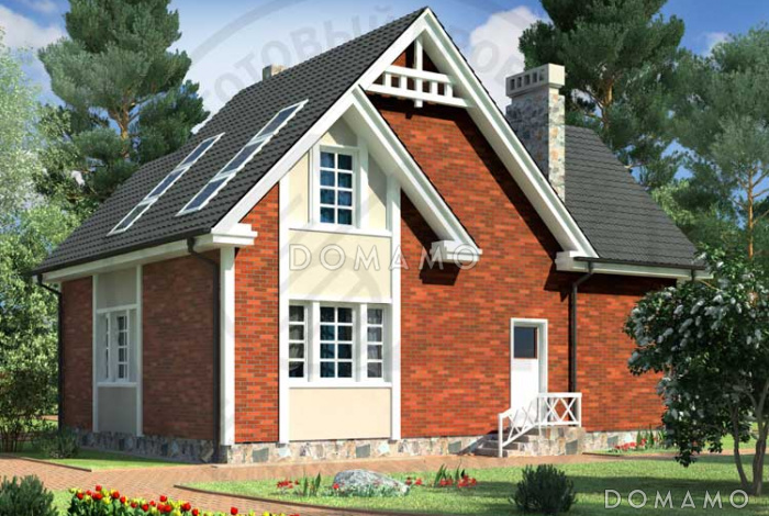 Проект одноэтажного дома с длинной крытой террасой, просторной гостиной и комнатой на первом этаже и тремя спальнями на мансардном этаже Проект одноэтажного дома с длинной крытой террасой, просторной гостиной и комнатой на первом этаже и тремя спальнями на мансардном этаже