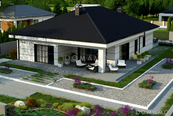 Проект одноэтажного дома из газобетона с тремя спальнями, гаражом и угловой крытой террасой