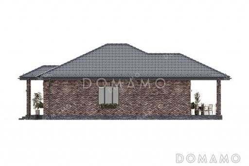 Проект простого одноэтажного дома с большой террасой, вальмовой кровлей, двумя санузлами и тремя спальнями / Фасад 1