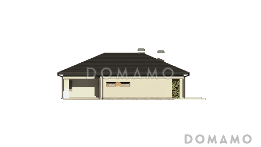 Проект одноэтажного дома из кирпича с дневной зоной в тыльной части дома и выходом на большую террасу и гаражом на один автомобиль / Фасад 1