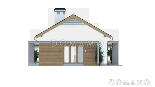 Проект компактного одноэтажного дома из кирпича с двумя спальнями, светлой дневной зоной и кладовой рядом с кухней / Фасад 1