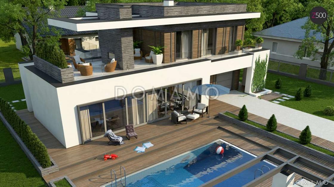 Проект современного двухэтажного дома из кирпича с панорамным остеклением и просторной террасой на втором этаже / 3