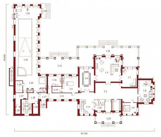 Проект элитного особняка из кирпича с бассейном и сауной на первом этаже / План 1 этажа