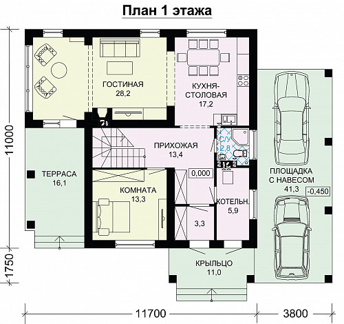 Проект дома из газобетона с большим навесом для авто / План 1 этажа