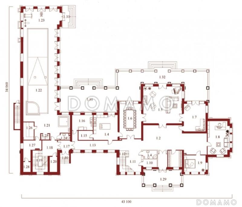Проект элитного особняка из кирпича с бассейном и сауной на первом этаже / План 1 этажа