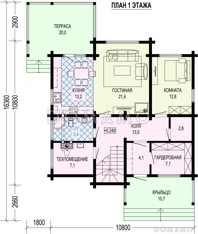 Проект двухэтажного деревянного дома с мастер-спальней и крытой террасой / План 1 этажа