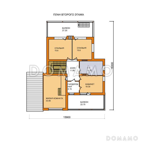 Проект дома из кирпича с экономичной двускатной крышей и навесом для автомобиля / План мансардного этажа