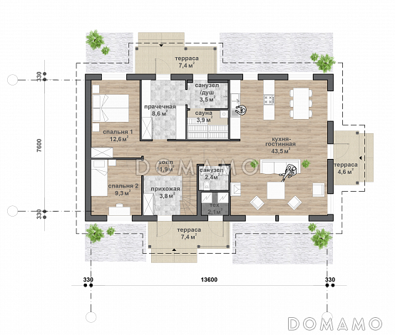 М-164 одноэтажный с мансардой дом / План 1 этажа