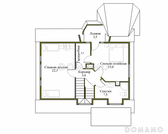 Проект коттеджа из бруса с верандой / План мансардного этажа Проект коттеджа из бруса с верандой / План мансардного этажа
