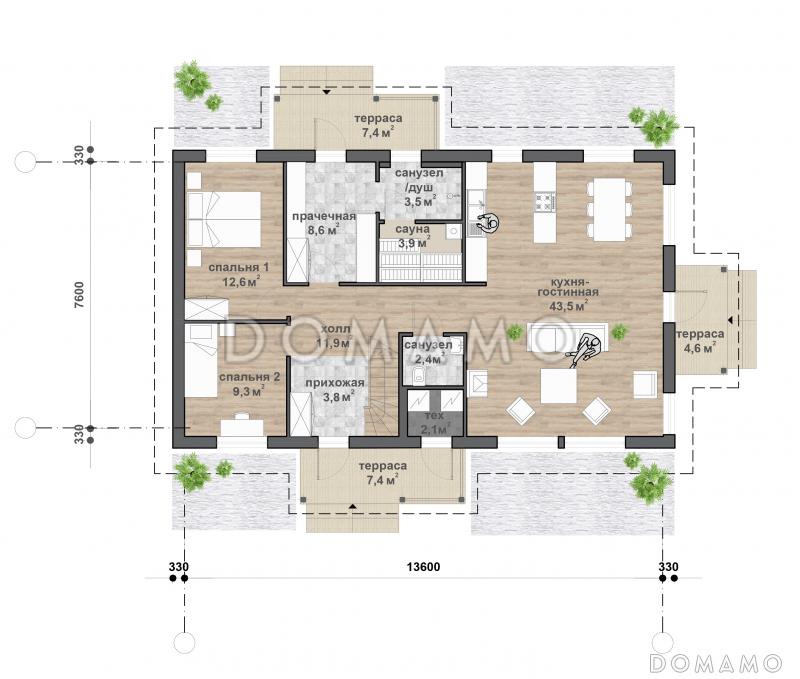 М-164 одноэтажный с мансардой дом / План 1 этажа