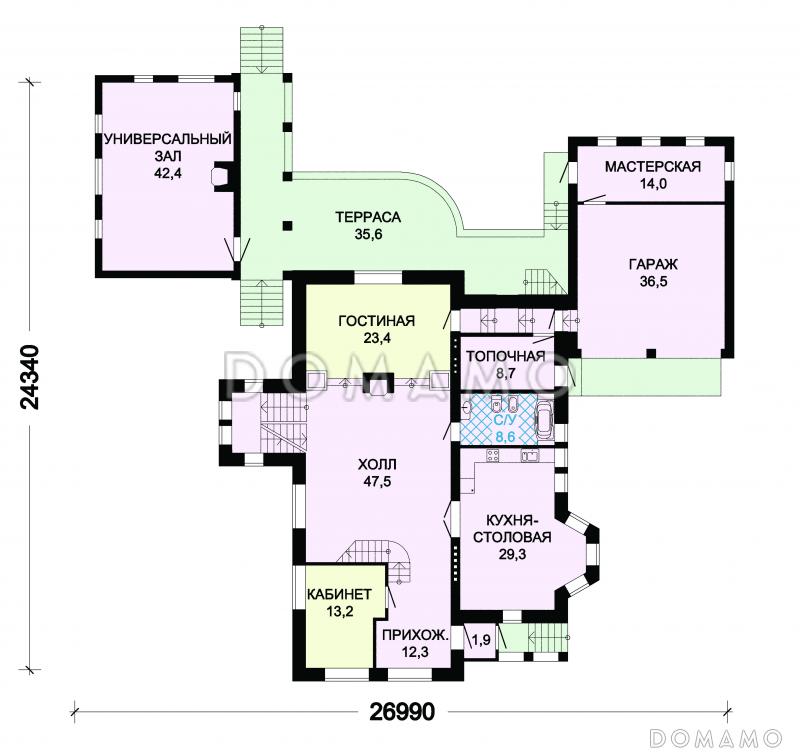 Проект кирпичного дома с пристроенным большим гаражом / План 1 этажа