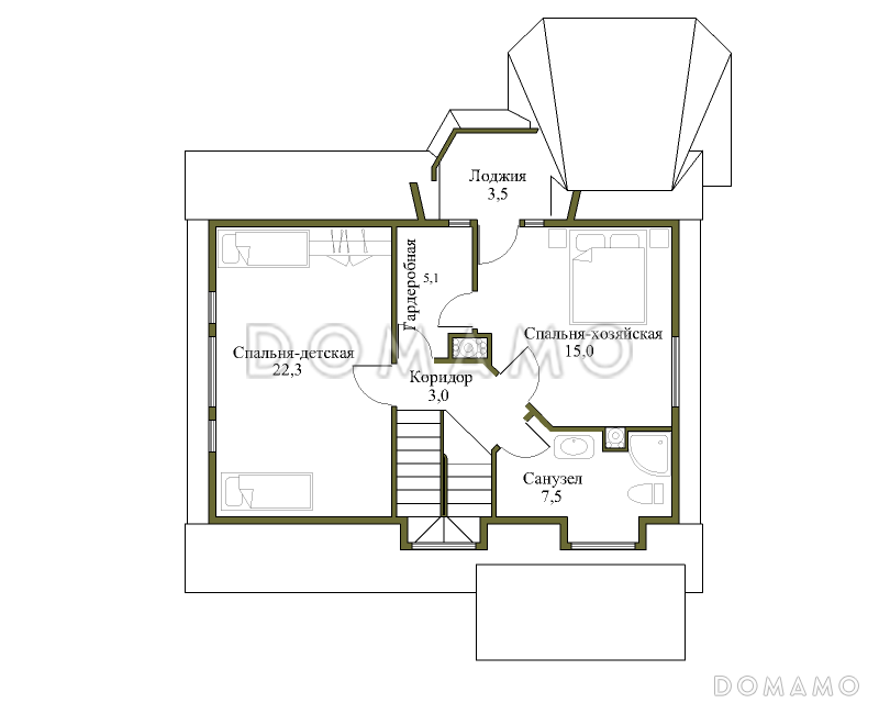 Проект коттеджа из бруса с верандой / План мансардного этажа