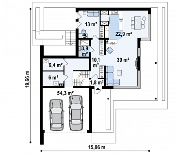 Проект современного двухэтажного дома из кирпича с подземным гаражом и террасой на втором уровне / План 1 этажа Проект современного двухэтажного дома из кирпича с подземным гаражом и террасой на втором уровне / План 1 этажа