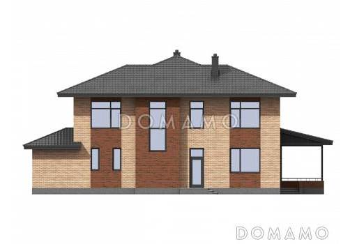 Проект двухэтажного загородного дома с террасой, гостевым блоком с кухней и санузлом, кабинетом / Фасад 4