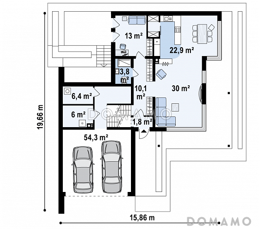 Проект современного двухэтажного дома из кирпича с подземным гаражом и террасой на втором уровне / План 1 этажа Проект современного двухэтажного дома из кирпича с подземным гаражом и террасой на втором уровне / План 1 этажа