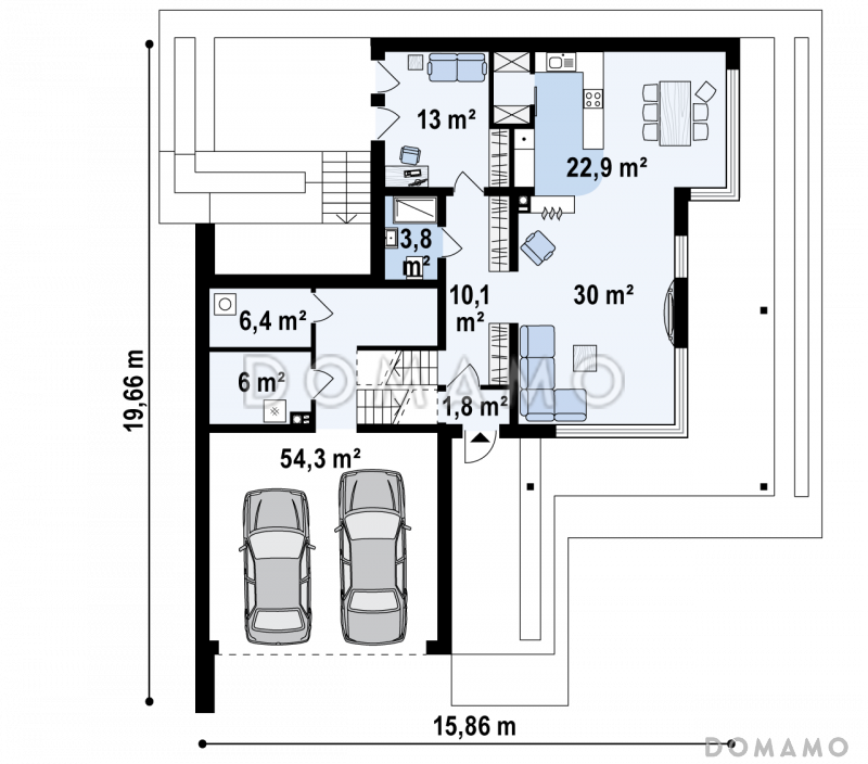 Проект современного двухэтажного дома из кирпича с подземным гаражом и террасой на втором уровне / План 1 этажа