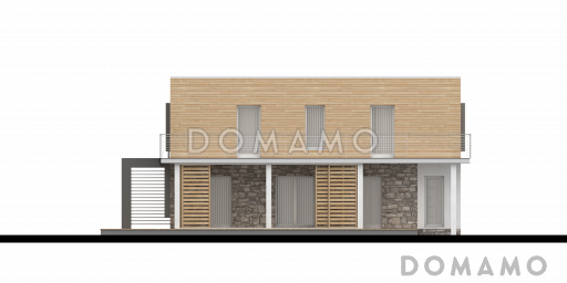 Проект современного двухэтажного дома с плоской крышей из кирпича с четырьмя спальнями, гаражом и просторной террасой над ним / Фасад 3