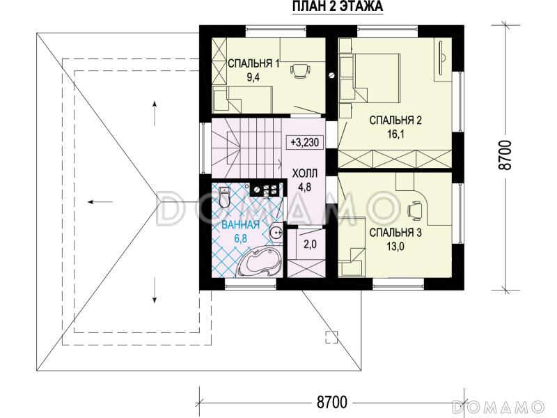 Проект загородного дома с гаражом, четырьмя спальнями, ванной с окном / План 2 этажа