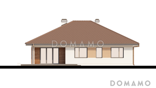 Проект одноэтажного дома из газобетона с большим гаражом и техническим помещением и частично крытой угловой террасой / Фасад 1