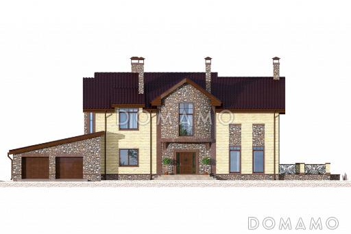 Проект дома из пеноблоков с большой открытой террасой и гаражом на две машины / Фасад 1