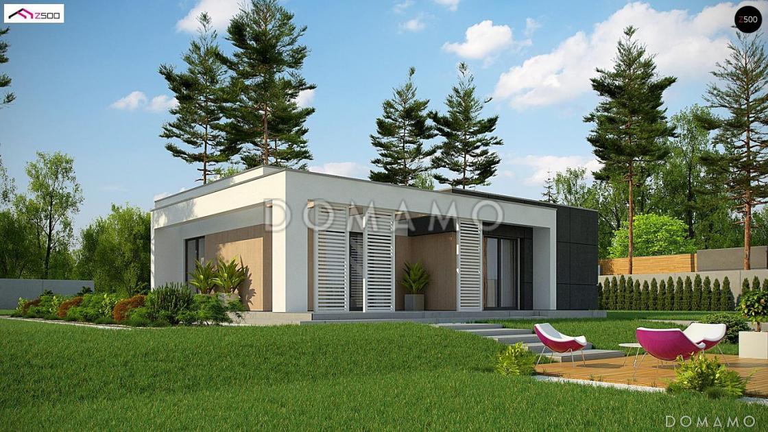 Проект современного одноэтажного дома из кирпича с плоской крышей с двумя спальнями и крытой угловой террасой  / 5