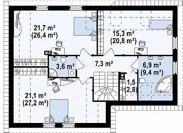 Проект одноэтажного дома из кирпича с угловой мансардой и встроенным гаражом / План мансардного этажа