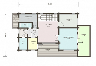 Проект деревянного дома из клееного бруса с отдельным входом в котельную / План 1 этажа Проект деревянного дома из клееного бруса с отдельным входом в котельную / План 1 этажа