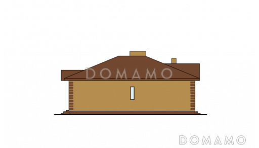 Проект одноэтажного дома с эркером в гостиной, крытой террасой с камином, большой кладовой с окном / Фасад 3