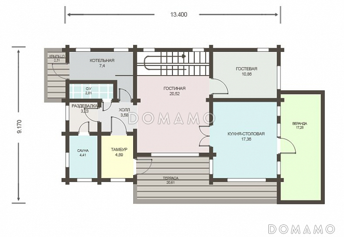Проект деревянного дома из клееного бруса с отдельным входом в котельную / План 1 этажа Проект деревянного дома из клееного бруса с отдельным входом в котельную / План 1 этажа