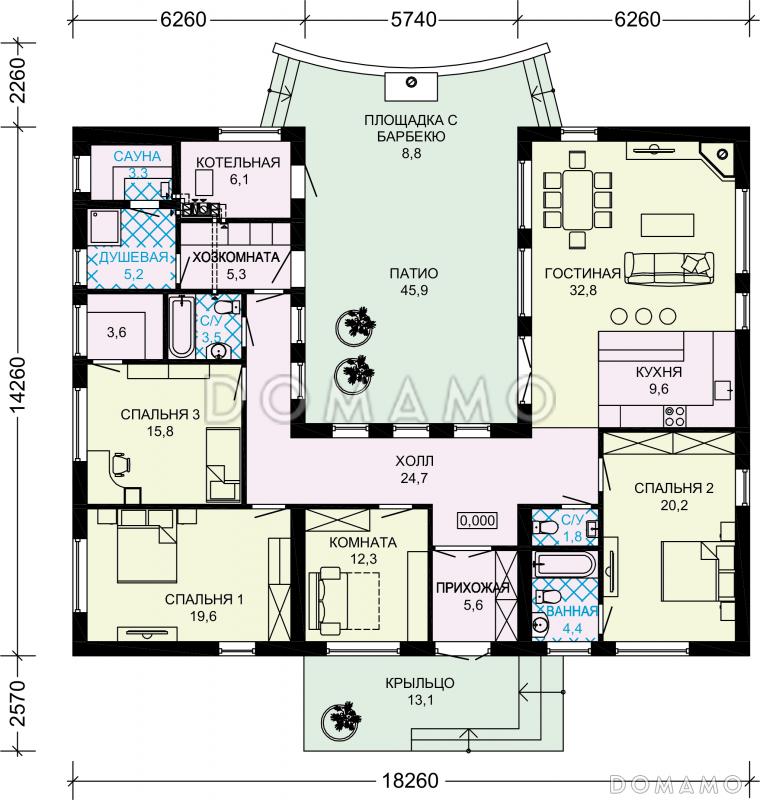 Проект дома из газобетона с внутренним двором / План 1 этажа
