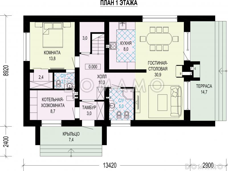 Проект дома в стиле барнхаус со вторым светом и лаунж-зоной наверху / План 1 этажа