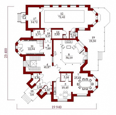 Проект коттеджа со вторым светом / План 1 этажа