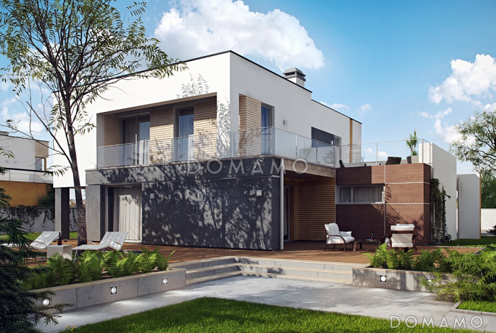 Проект двухэтажного дома из кирпича с тремя спальнями, гаражом и коммерческим помещением с отдельным входом