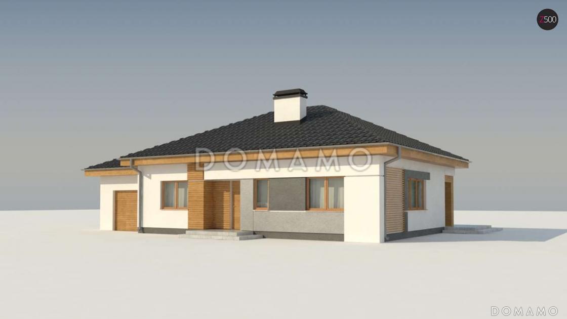 Проект одноэтажного дома из газобетона с тремя спальнями и небольшой крытой угловой террасой, увеличенная версия 273 с гаражом / 5