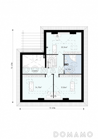 Проект просторного одноэтажного мансардного дома из кирпича с кабинетом, спальнями на обоих этаж и гаражом на два автомобиля / План мансардного этажа