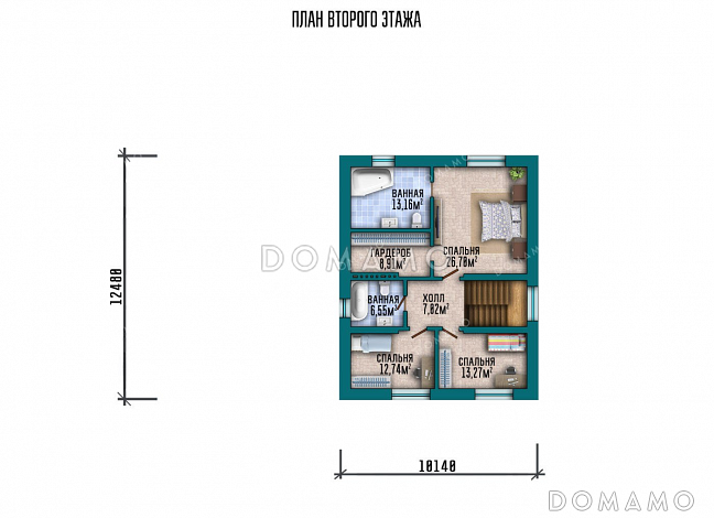 Проект двухэтажного дома с большой террасой и гаражом / План 2 этажа Проект двухэтажного дома с большой террасой и гаражом / План 2 этажа