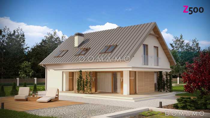 Проект одноэтажного мансардного дома из газобетона с кабинетом, открытой угловой террасой и гаражом 