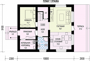 Проект двухэтажного дома из газобетона и бруса с балконом на две комнаты и террасой / План 1 этажа Проект двухэтажного дома из газобетона и бруса с балконом на две комнаты и террасой / План 1 этажа