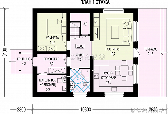 Проект двухэтажного дома из газобетона и бруса с балконом на две комнаты и террасой / План 1 этажа Проект двухэтажного дома из газобетона и бруса с балконом на две комнаты и террасой / План 1 этажа
