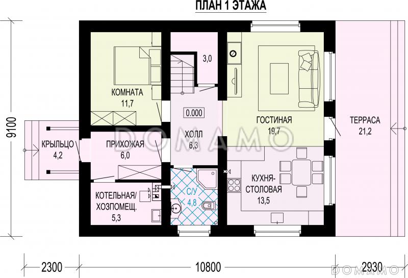 Проект двухэтажного дома из газобетона и бруса с балконом на две комнаты и террасой / План 1 этажа