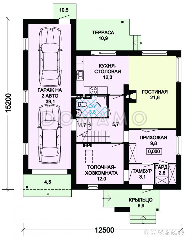 Проект загородного дома с мансардой и гаражом для двух автомобилей / План 1 этажа