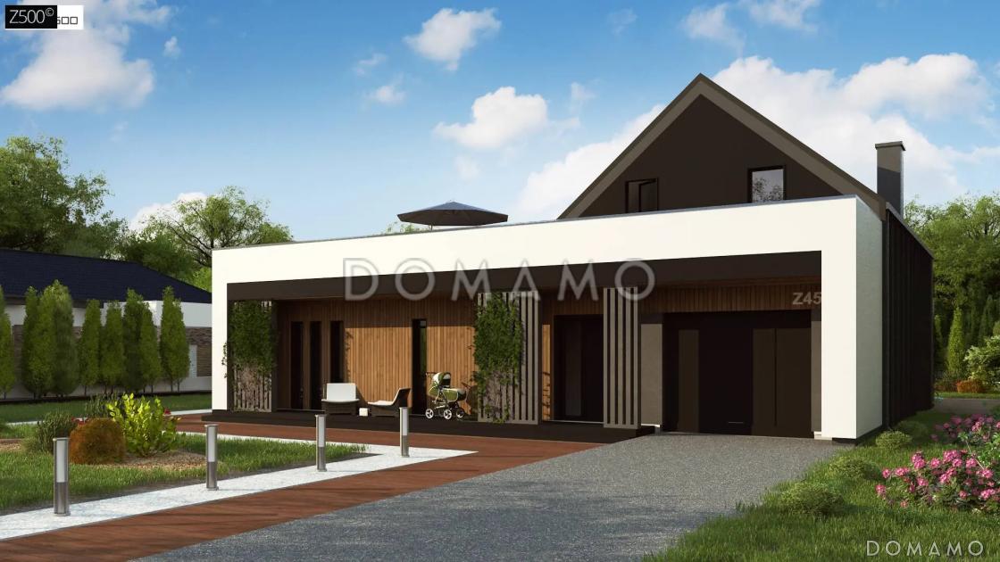 Проект дома с большой террасой на мансардном этаже и гаражом / 1