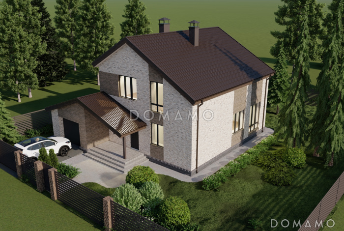 Проект двухэтажного каркасного дома с гаражом на два машиноместа, тремя спальнями и кабинетом на втором этаже Проект двухэтажного каркасного дома с гаражом на два машиноместа, тремя спальнями и кабинетом на втором этаже