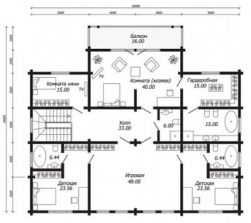 Проект дома из бруса с SPA-зоной и кинотеатром / План 2 этажа Проект дома из бруса с SPA-зоной и кинотеатром / План 2 этажа