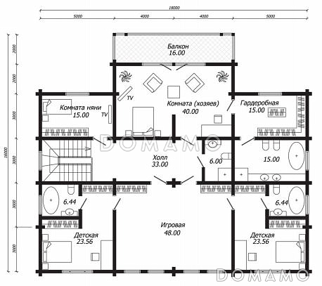 Проект дома из бруса с SPA-зоной и кинотеатром / План 2 этажа Проект дома из бруса с SPA-зоной и кинотеатром / План 2 этажа