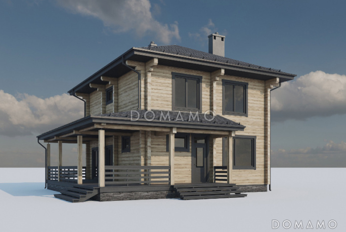 Проект двухэтажного дома из бруса с четырьмя спальнями, кабинетом и крытой террасой Проект двухэтажного дома из бруса с четырьмя спальнями, кабинетом и крытой террасой
